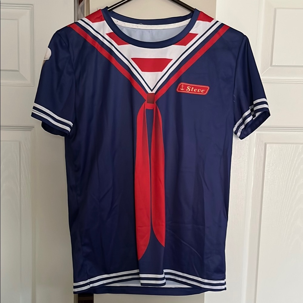 Nautical Blue and Red Short Sleeve Tee with Stripe Details.  Stranger Things